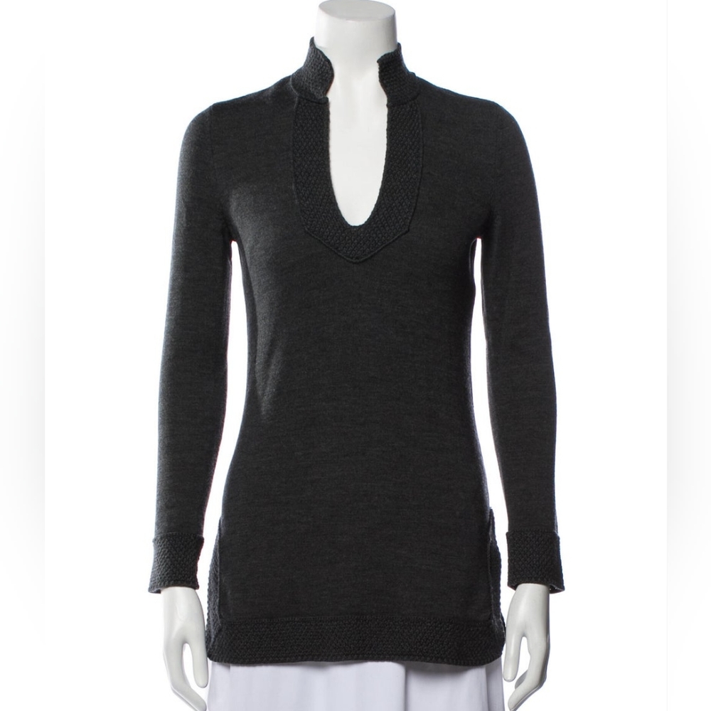 Tory Burch Lizzie Merino Wool V-Neck Tunic Sweater Sz S Seed Stitch